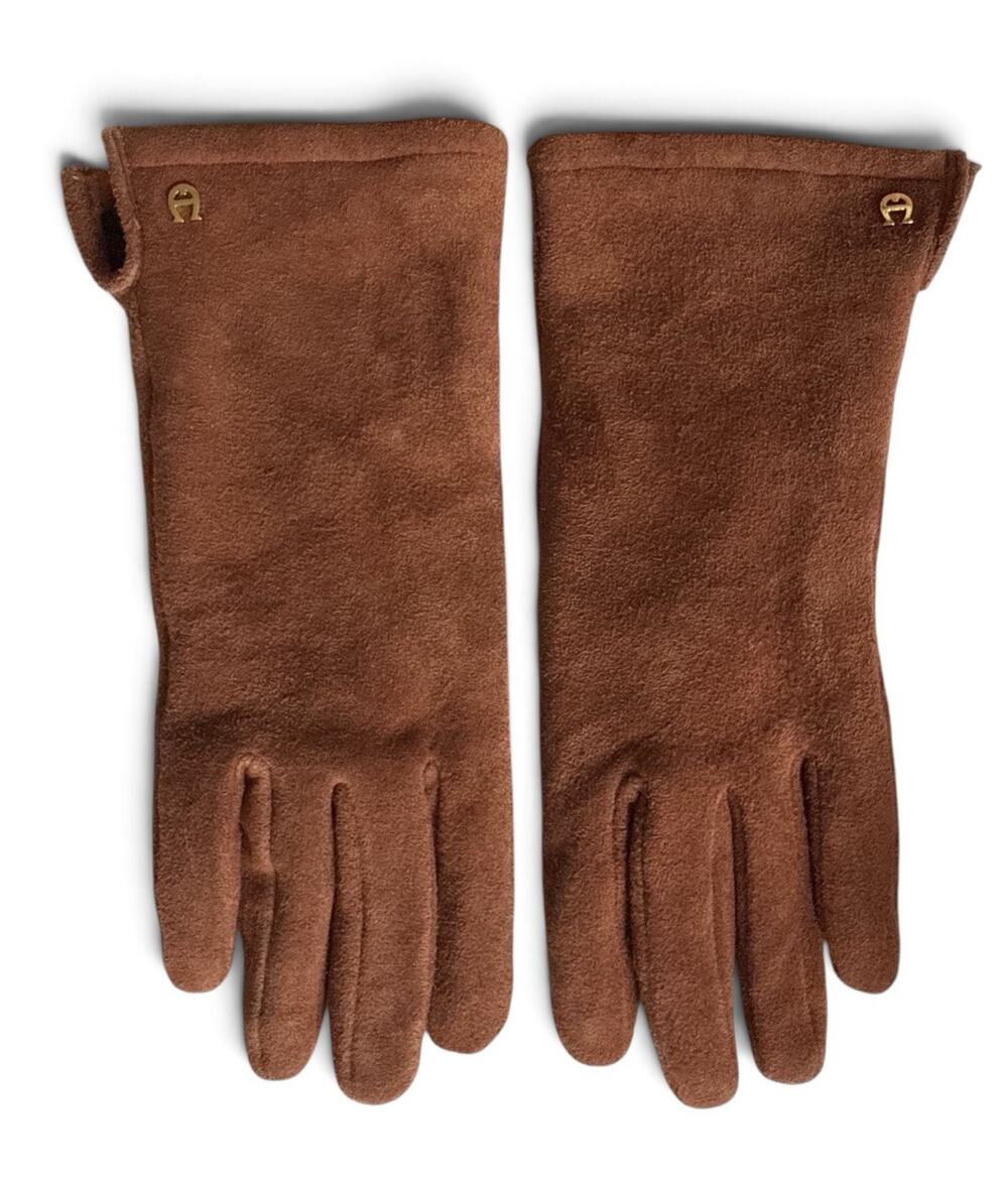 Vtg ETIENNE AIGNER Suede Leather Driving Gloves Brown Fleece Lined Ladies M 9"